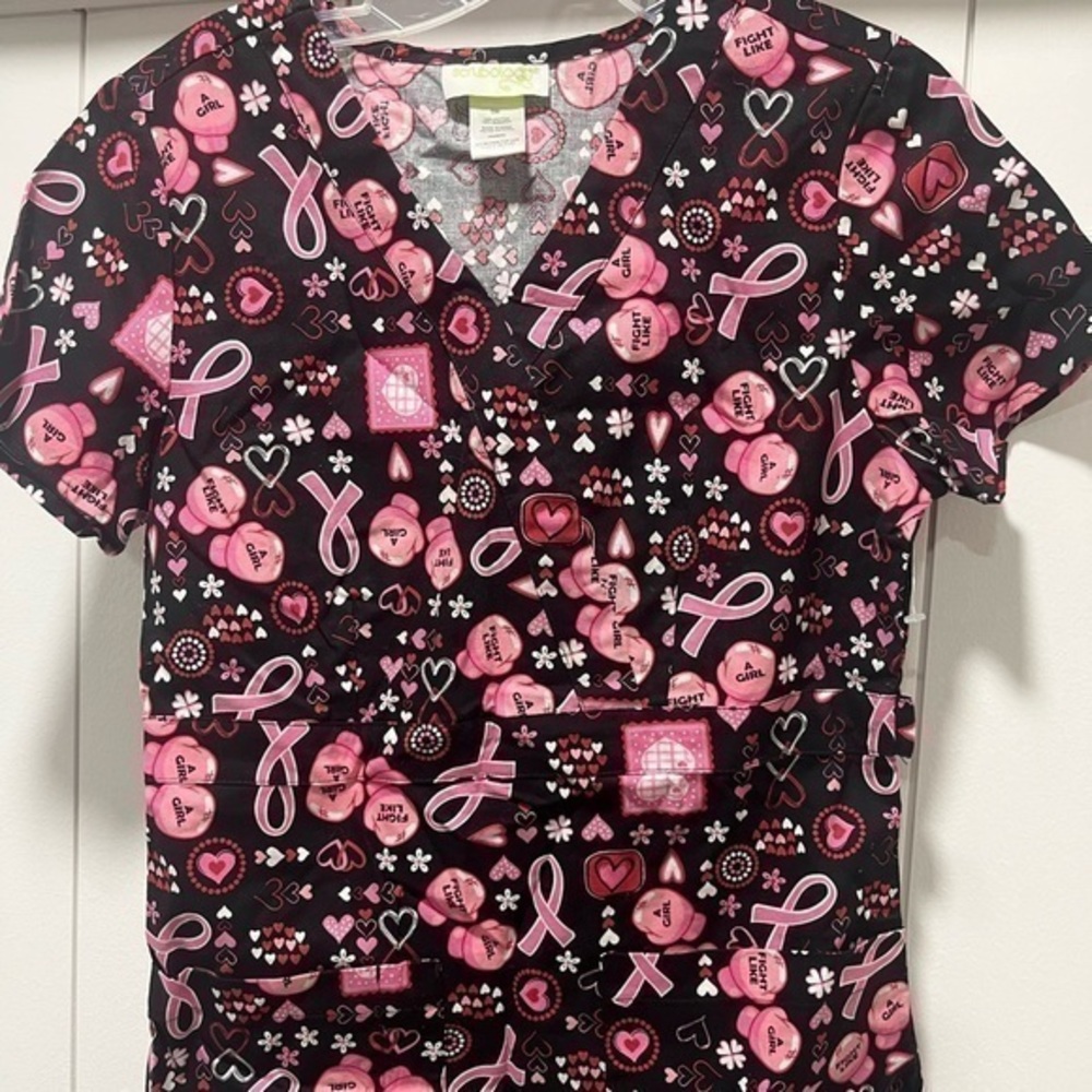 Scrubology Pink Cancer Awareness Pattern Mock Neck Scrub Top Medical Uniform S